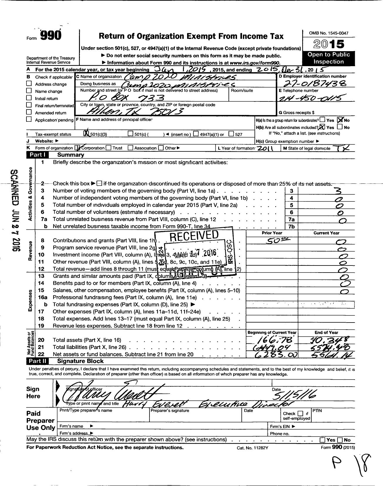 Image of first page of 2015 Form 990 for Camp 2020