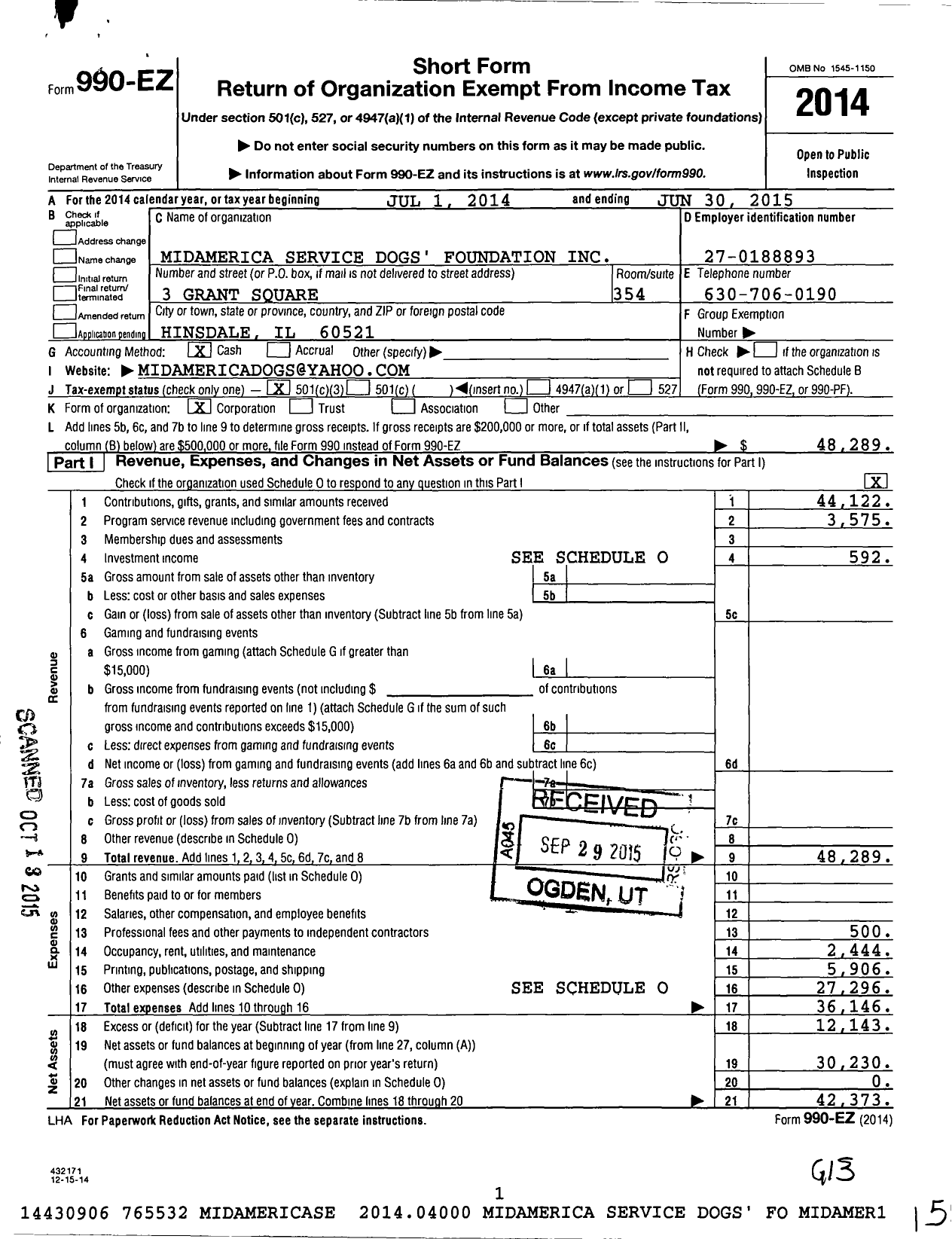 Image of first page of 2014 Form 990EZ for MidAmerica Service Dogs