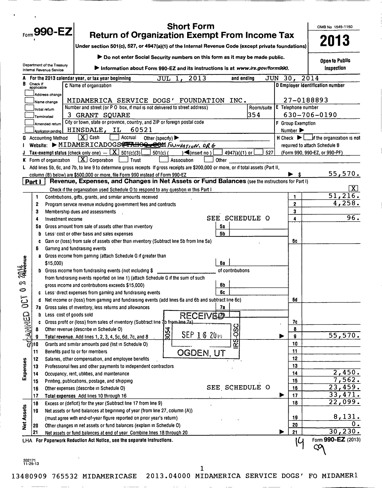 Image of first page of 2013 Form 990EZ for MidAmerica Service Dogs