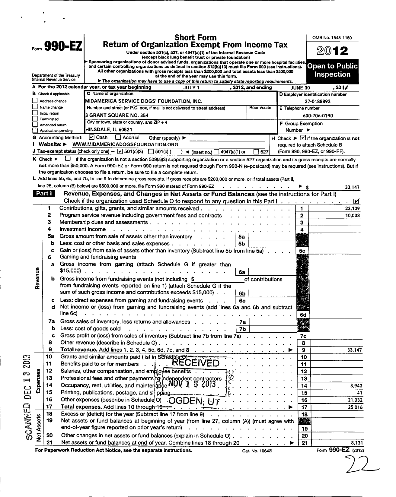 Image of first page of 2012 Form 990EZ for MidAmerica Service Dogs