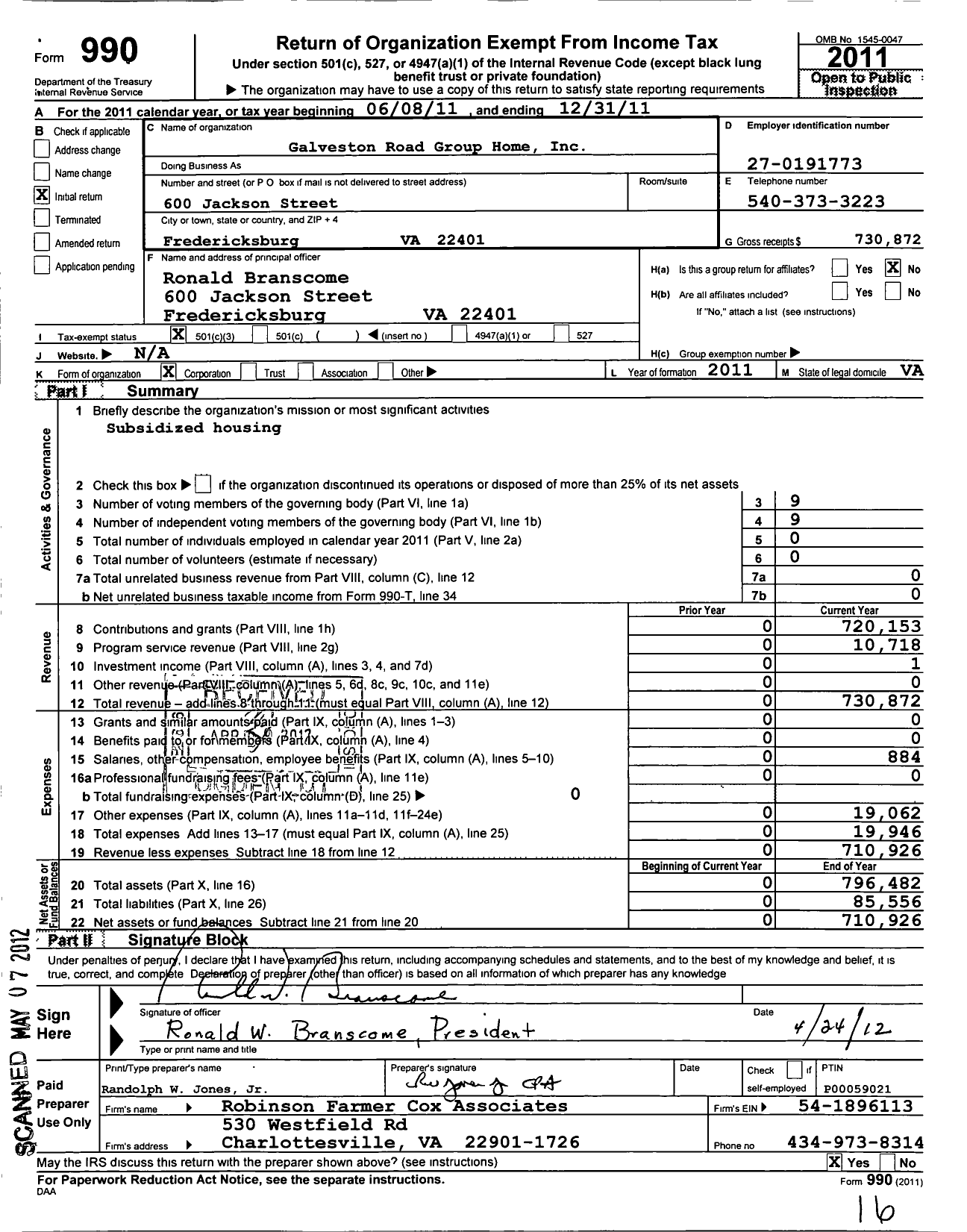 Image of first page of 2011 Form 990 for Galveston Road Group Home