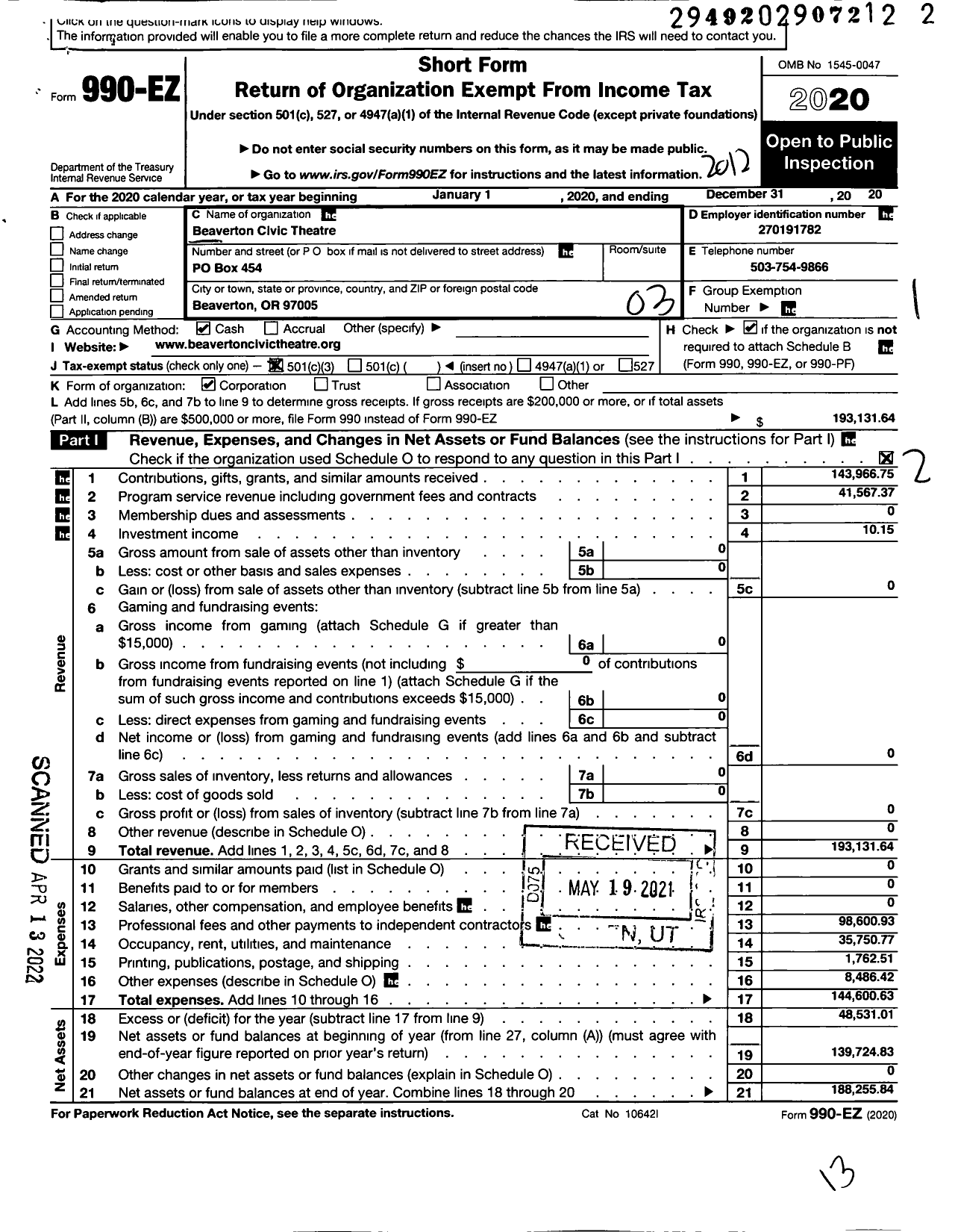 Image of first page of 2020 Form 990EZ for Beaverton Civic Theatre