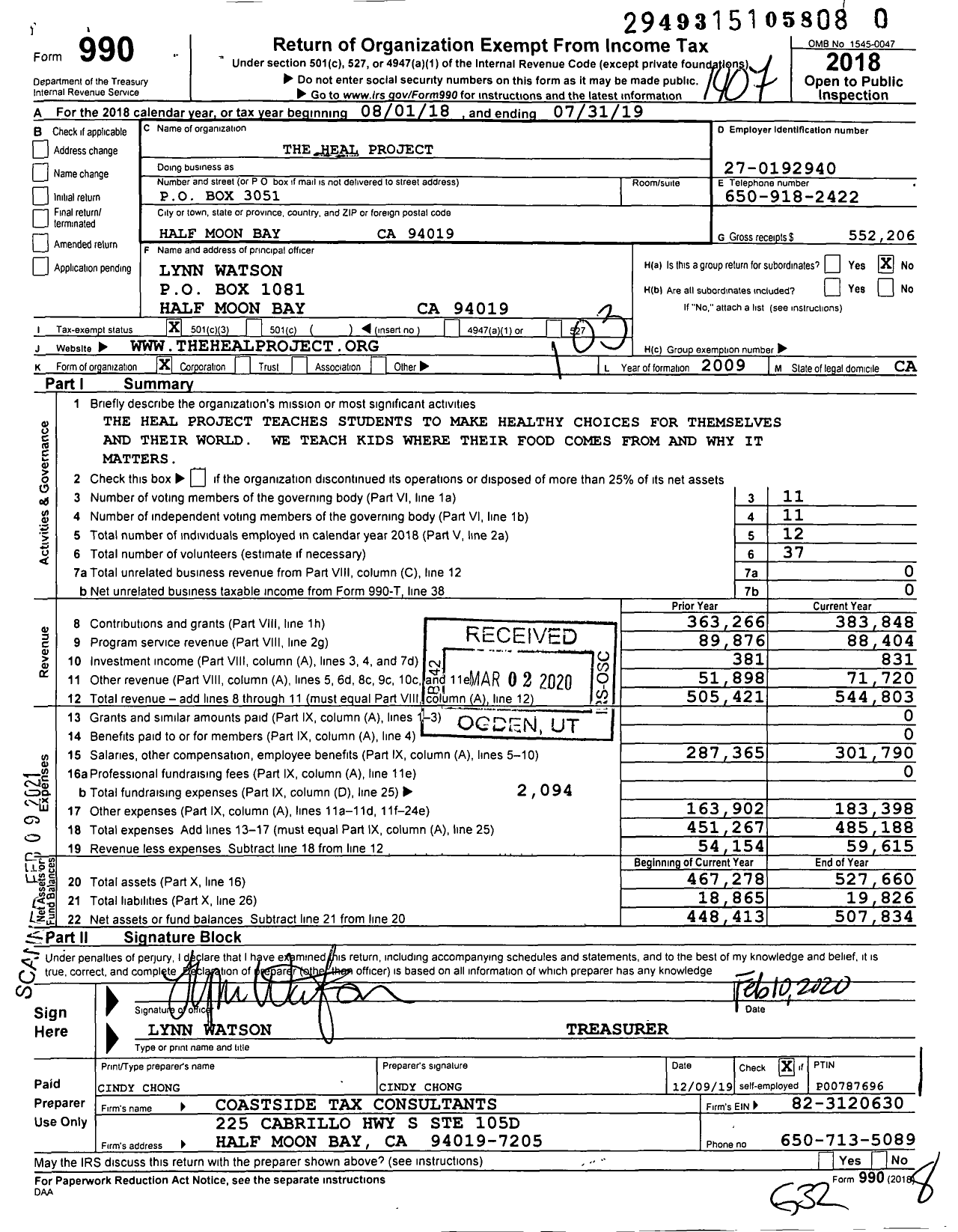 Image of first page of 2018 Form 990 for The Heal Project