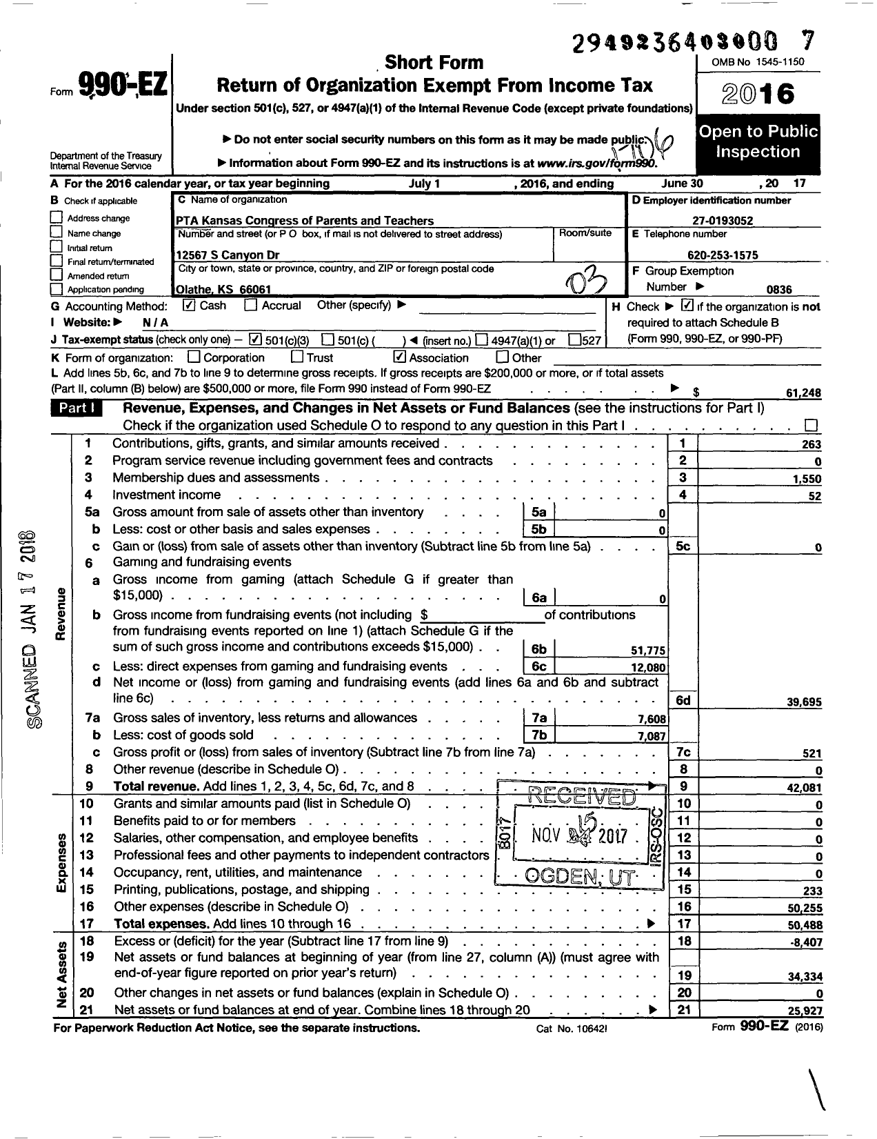 Image of first page of 2016 Form 990EZ for PTA Kansas Congress of Parents and Teachers / Forest View Elementary PTA