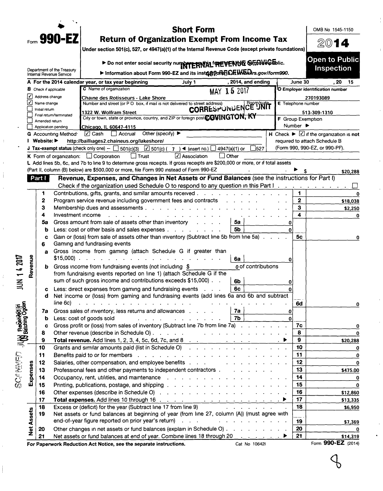 Image of first page of 2014 Form 990EO for Chaine Des Rotisseurs - Lake Shore