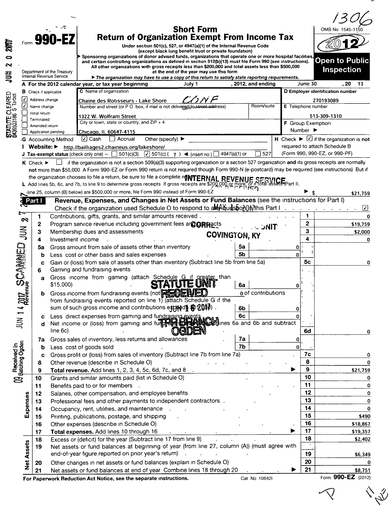 Image of first page of 2012 Form 990EO for Chaine Des Rotisseurs - Lake Shore