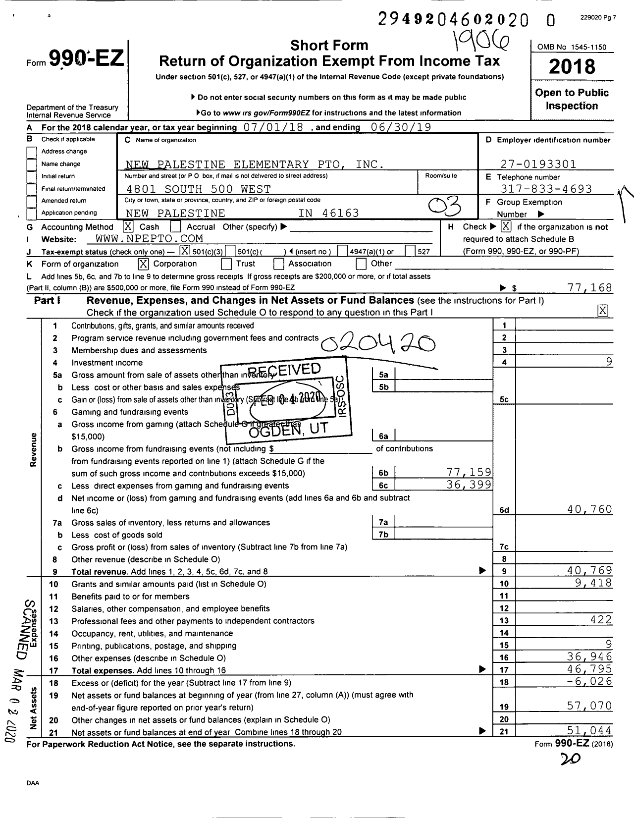 Image of first page of 2018 Form 990EZ for New Palestine Elementary Pto