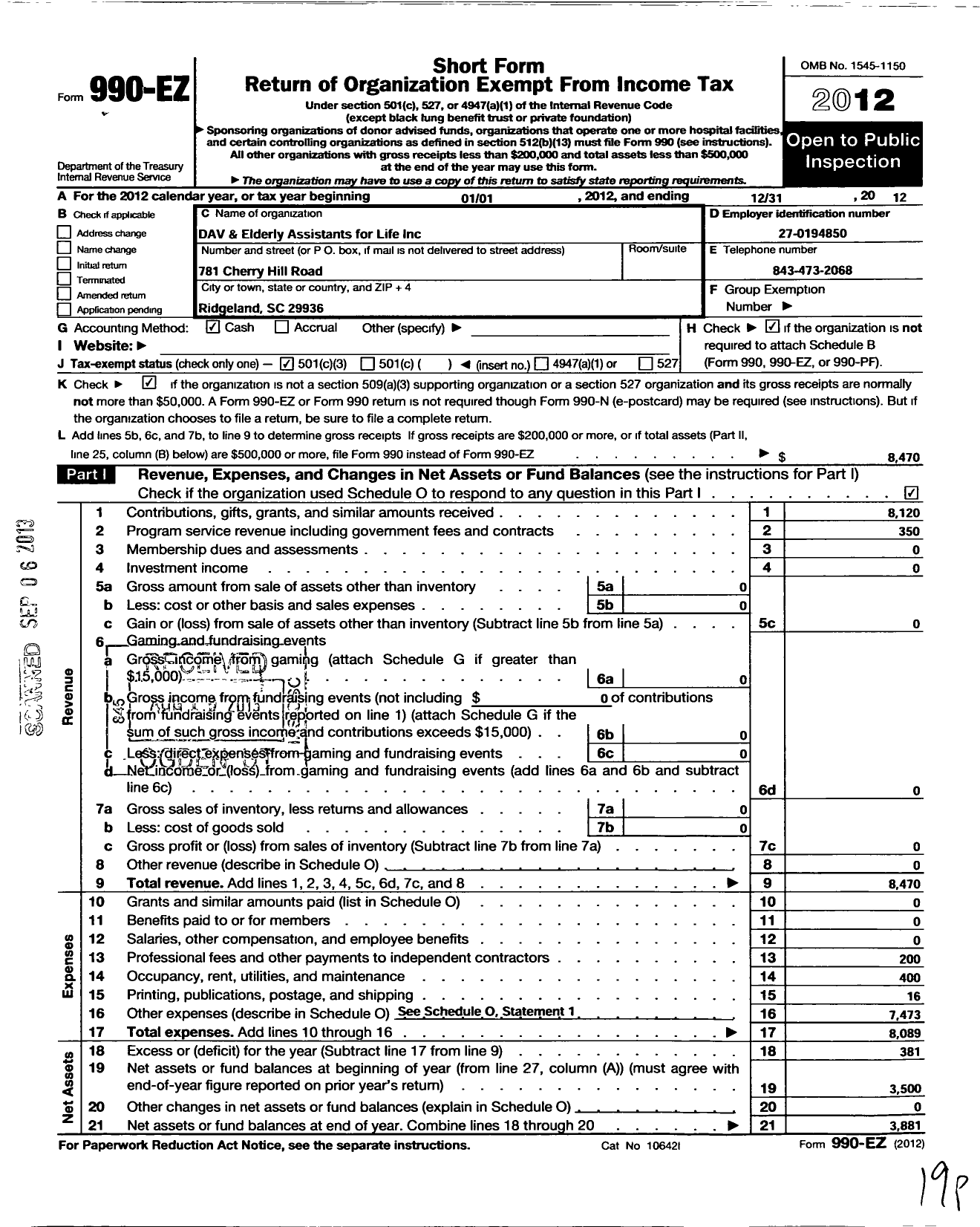 Image of first page of 2012 Form 990EZ for Dav and Elderly Assistants for Life