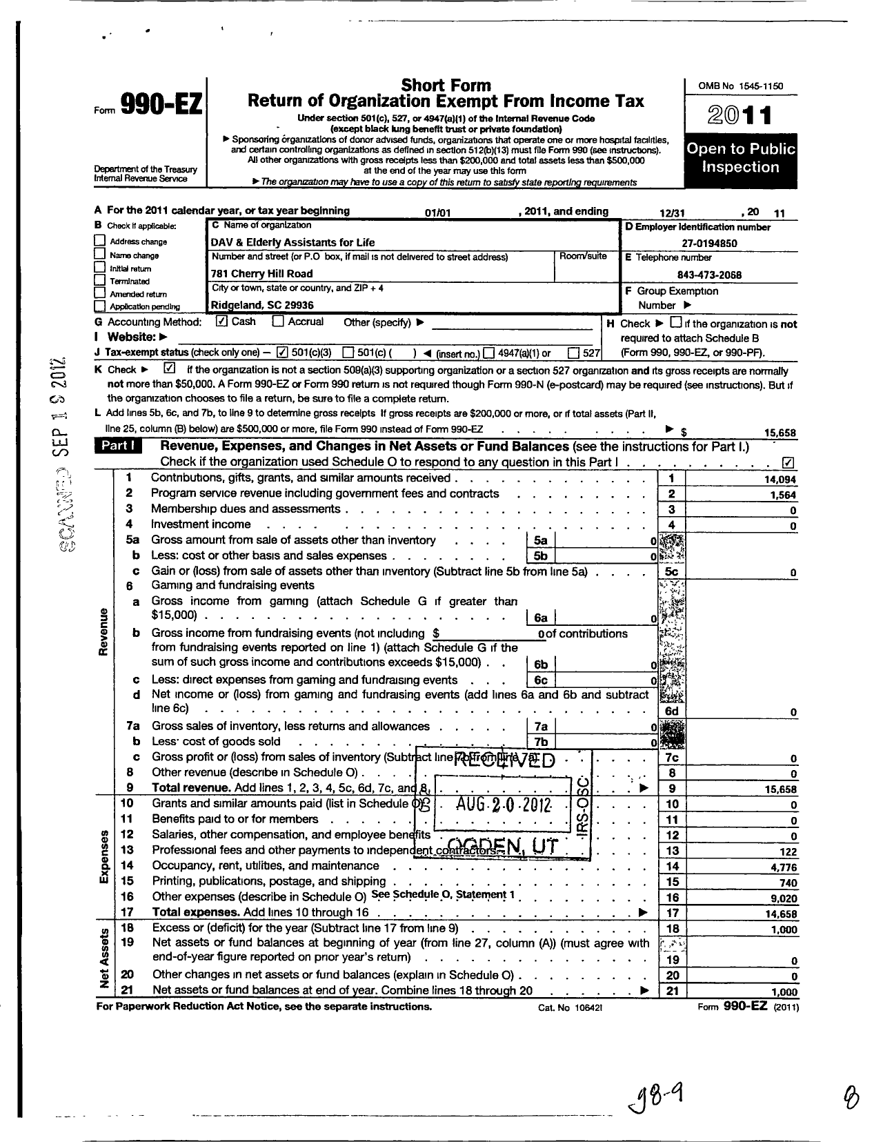 Image of first page of 2011 Form 990EZ for Dav and Elderly Assistants for Life