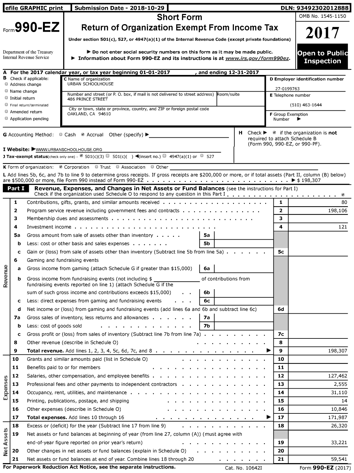 Image of first page of 2017 Form 990EZ for Urban Schoolhouse