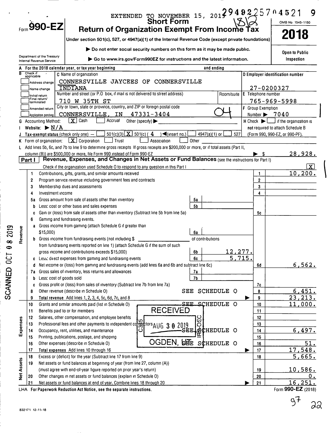 Image of first page of 2018 Form 990EO for Connersville Jaycees of Connersville Indiana