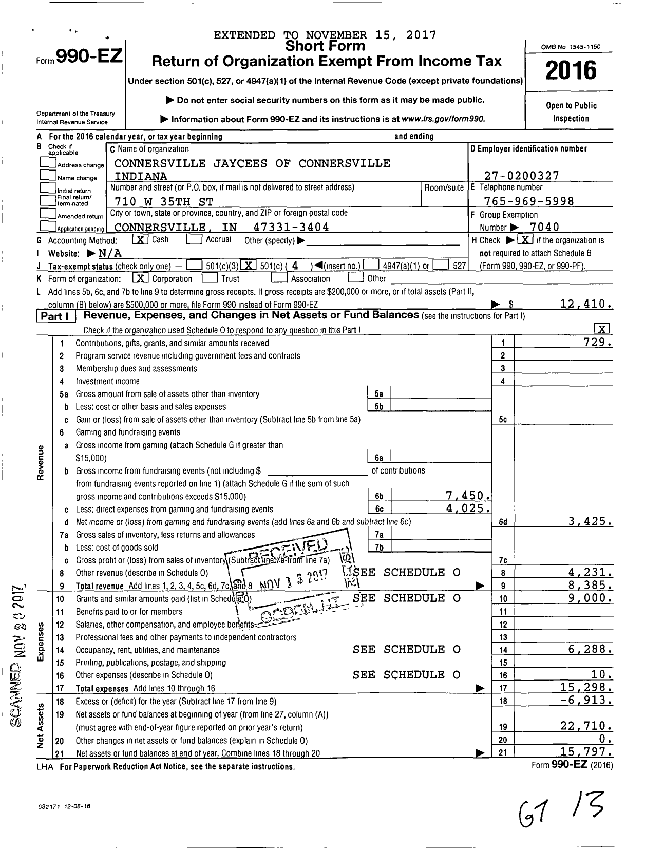 Image of first page of 2016 Form 990EO for Connersville Jaycees of Connersville Indiana