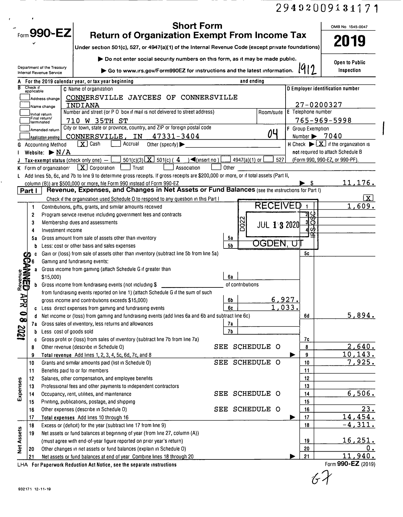 Image of first page of 2019 Form 990EO for Connersville Jaycees of Connersville Indiana