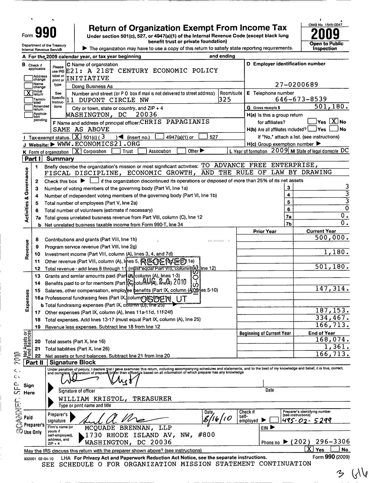 Image of first page of 2009 Form 990 for E21 A 21ST Century Economic Policy Initiative
