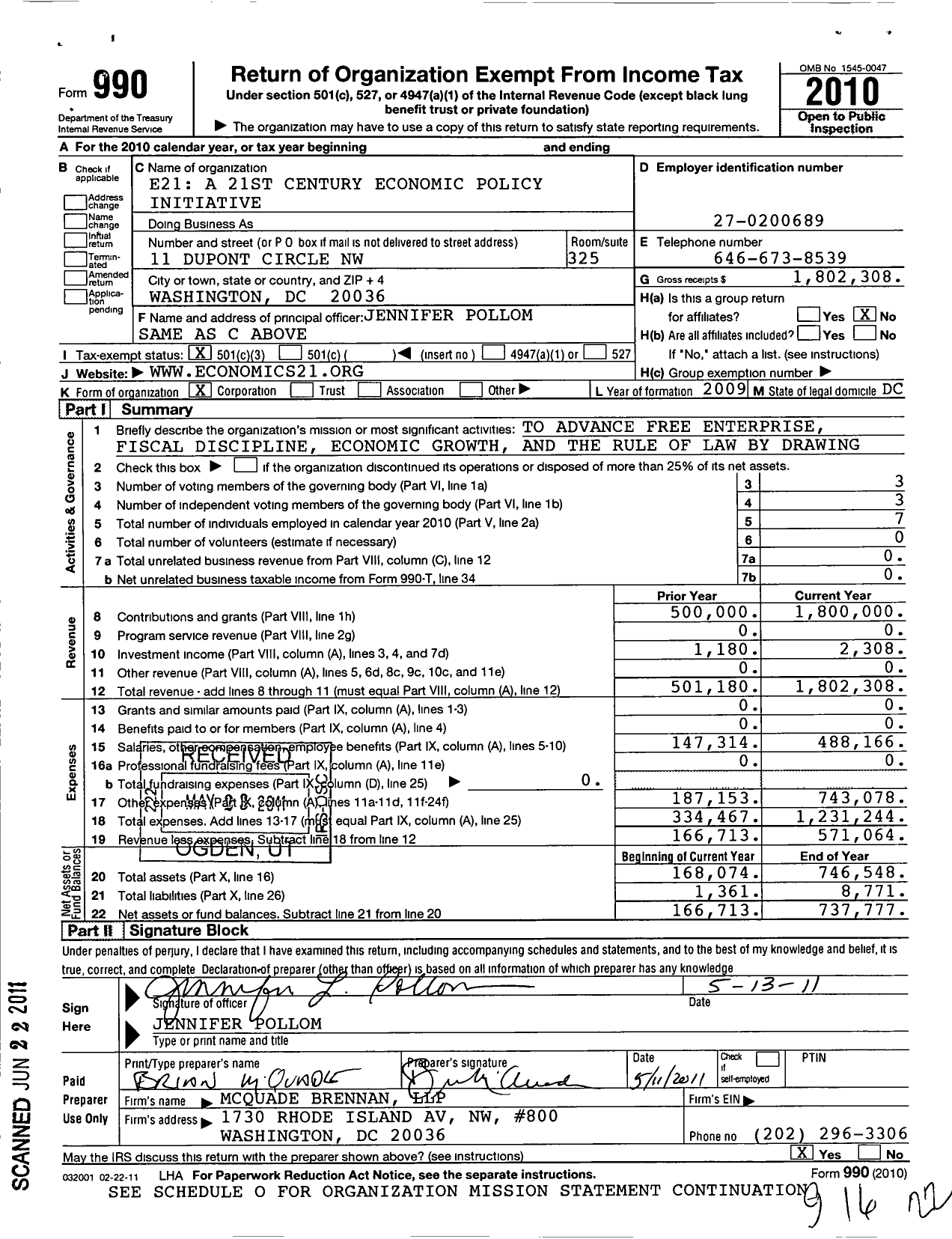 Image of first page of 2010 Form 990 for E21 A 21ST Century Economic Policy Initiative