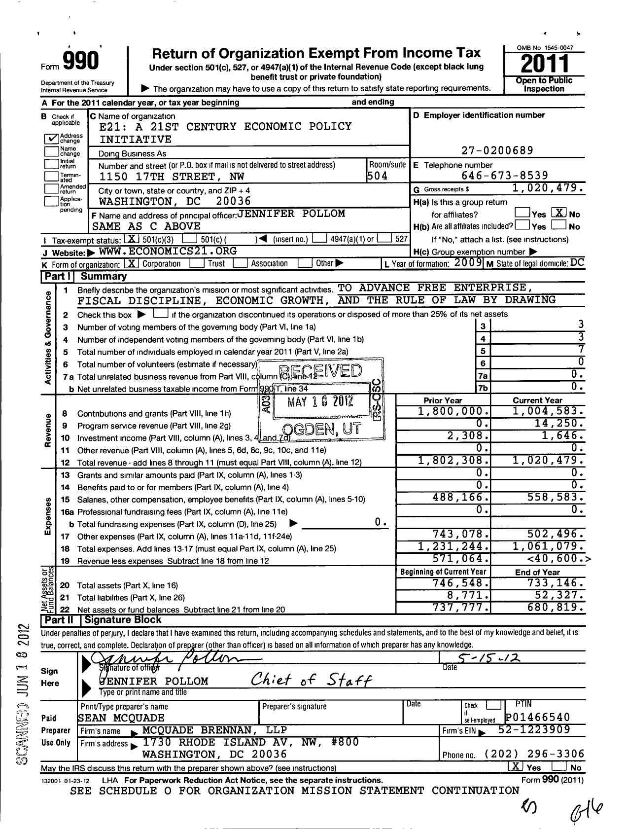 Image of first page of 2011 Form 990 for E21 A 21ST Century Economic Policy Initiative
