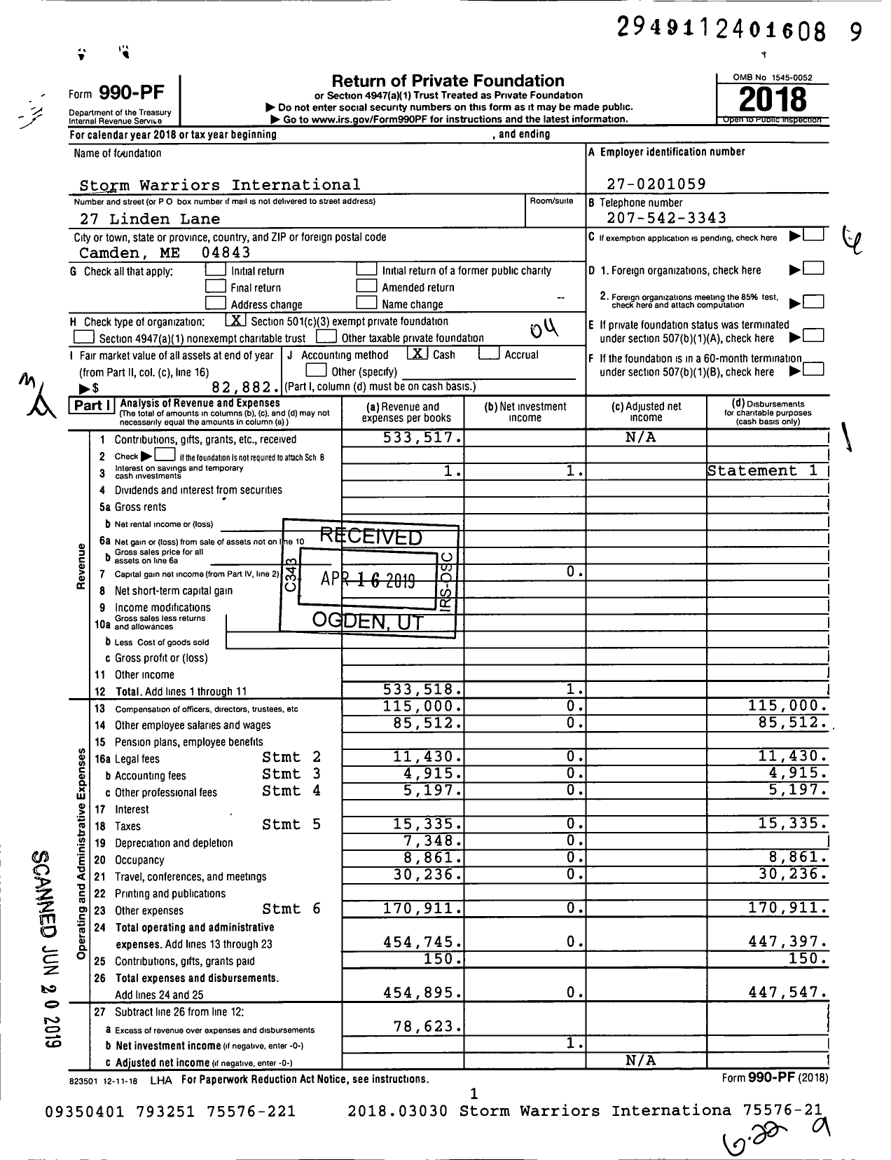 Image of first page of 2018 Form 990PF for Storm Warriors International