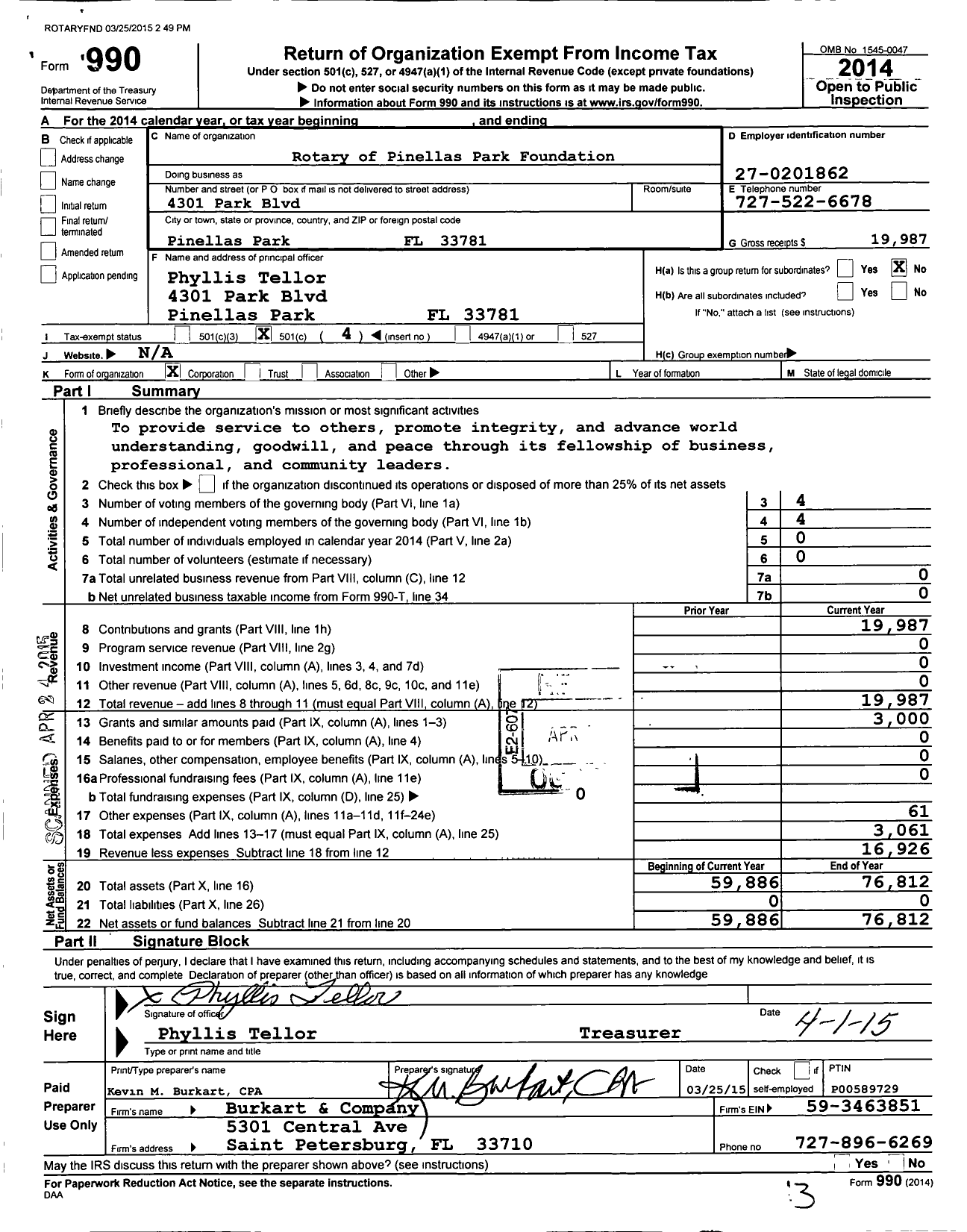Image of first page of 2014 Form 990O for Rotary of Pinellas Park Foundation