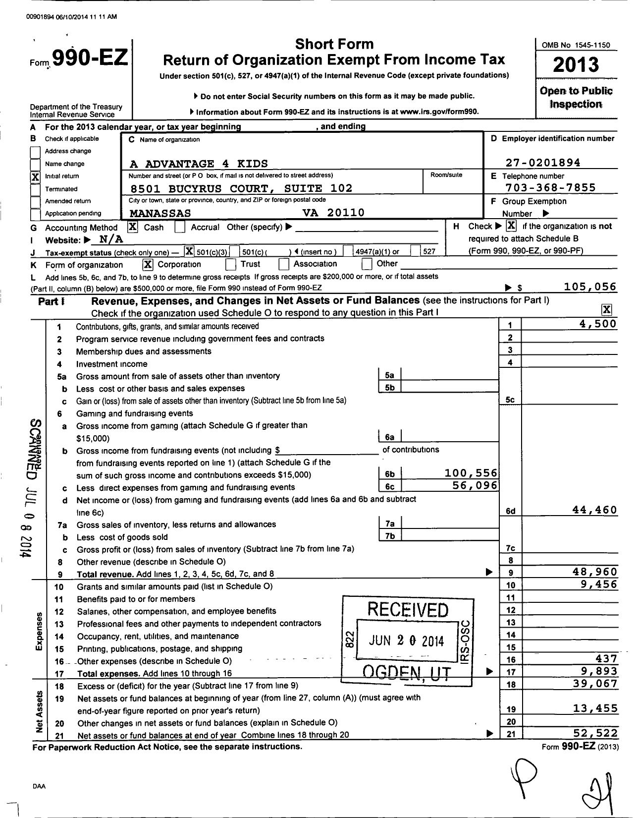 Image of first page of 2013 Form 990EZ for A Advantage 4 Kids