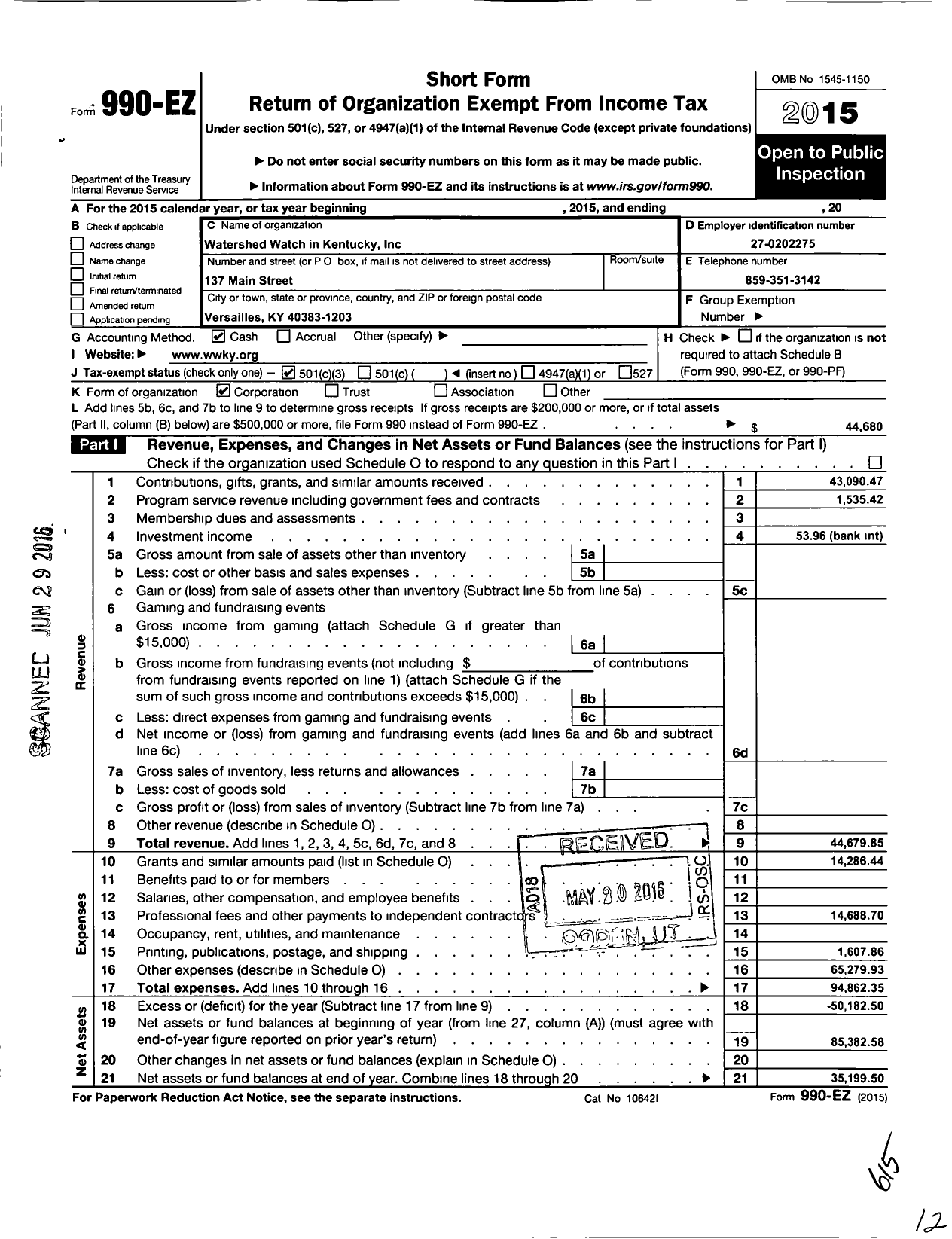 Image of first page of 2015 Form 990EZ for Watershed Watch in Kentucky