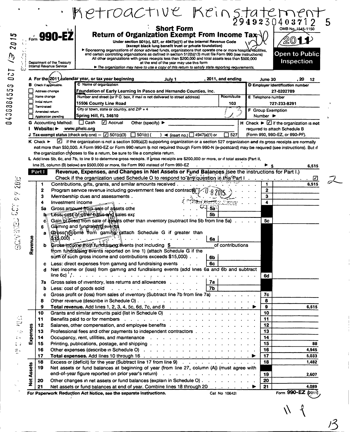 Image of first page of 2011 Form 990EZ for Foundation of Early Learning in Pasco and Hernando Counties