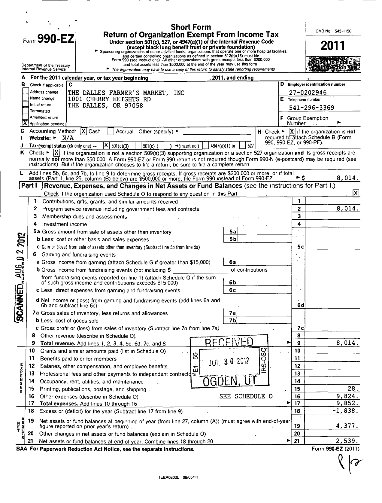 Image of first page of 2011 Form 990EZ for Dalles Farmers Market