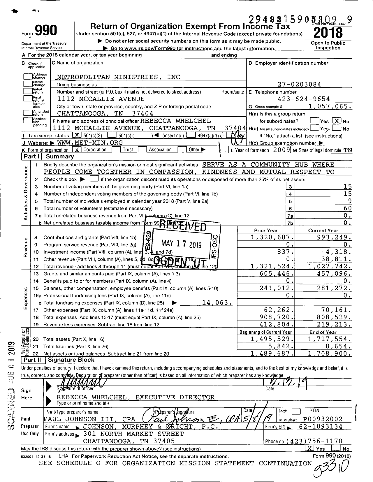 Image of first page of 2018 Form 990 for Metropolitan Ministries