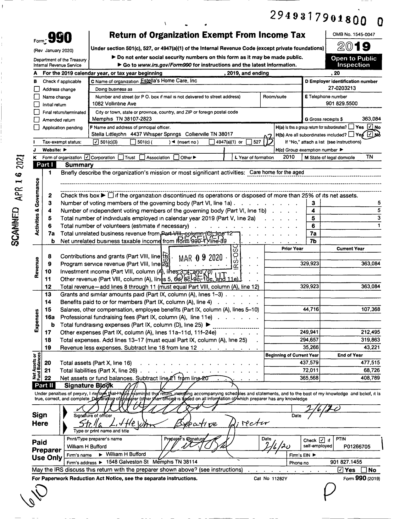 Image of first page of 2019 Form 990 for Estellas Home Care