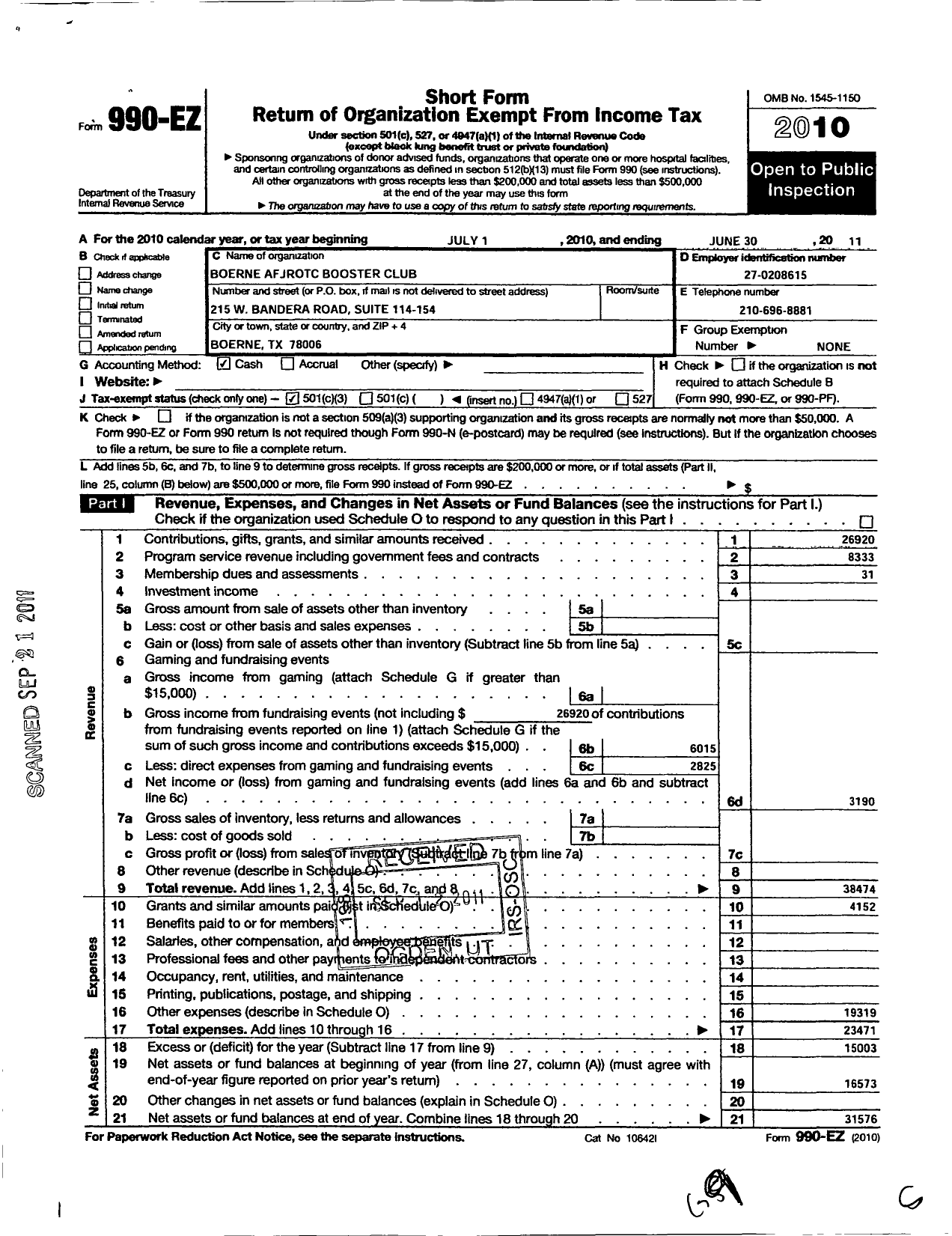 Image of first page of 2010 Form 990EZ for Boerne Afjrotc Booster Club