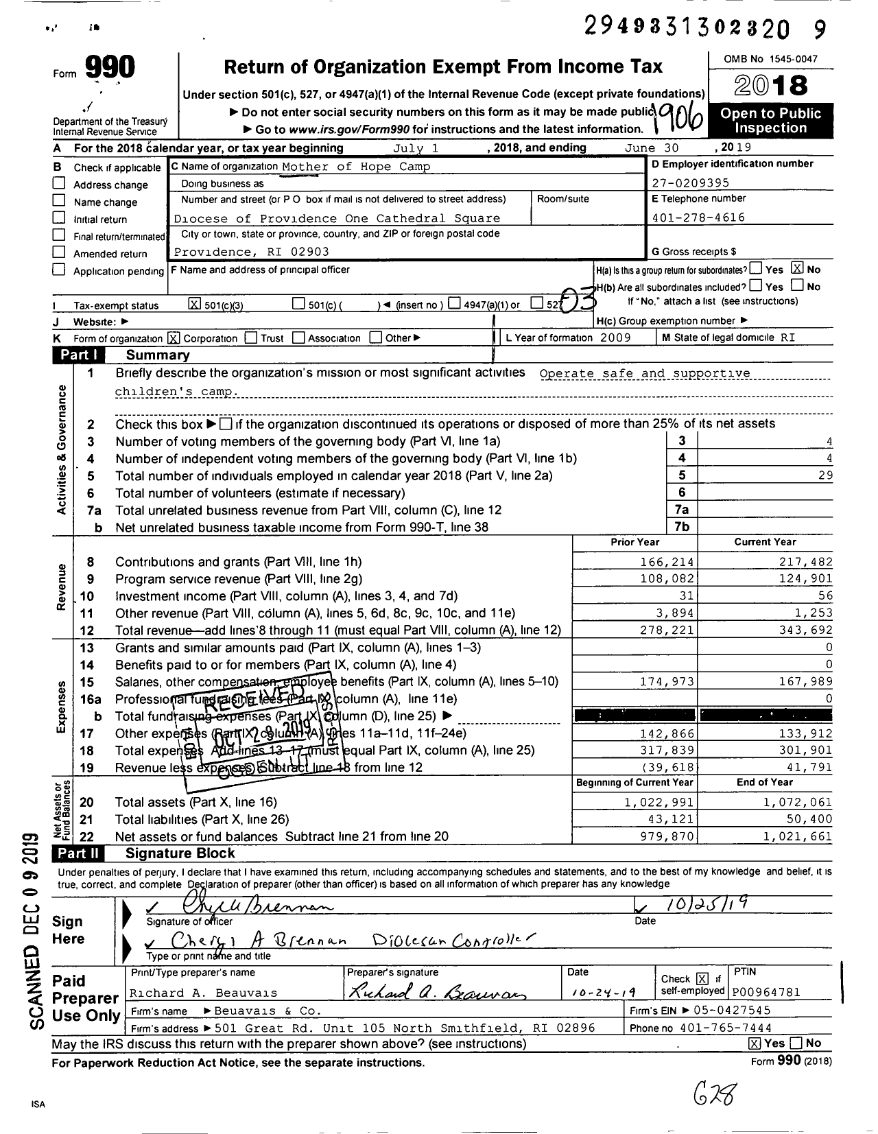 Image of first page of 2018 Form 990 for Mother of Hope Camp