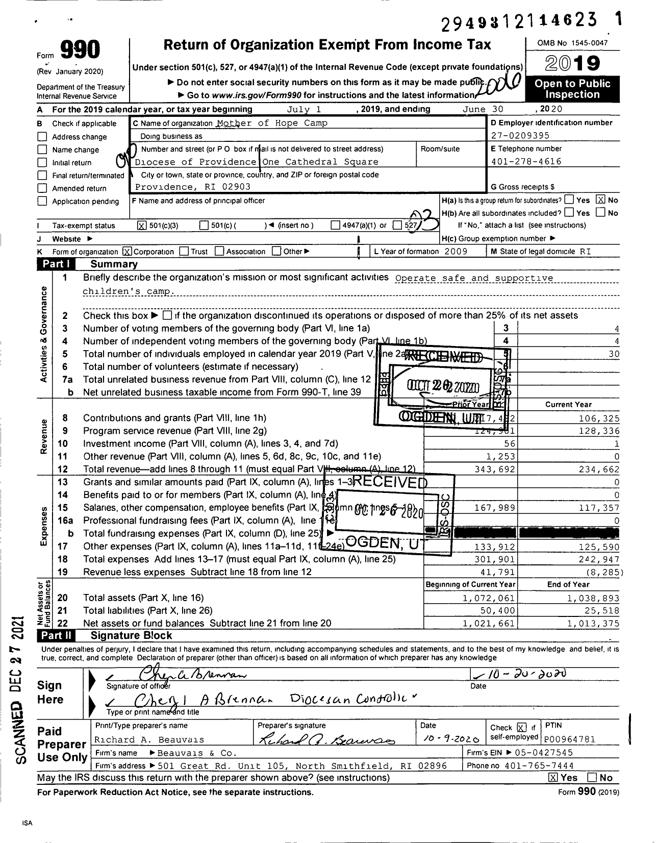 Image of first page of 2019 Form 990 for Mother of Hope Camp