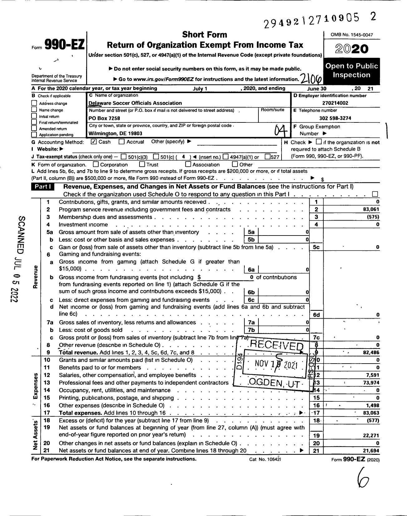 Image of first page of 2020 Form 990EO for Delaware Soccer Officials Association