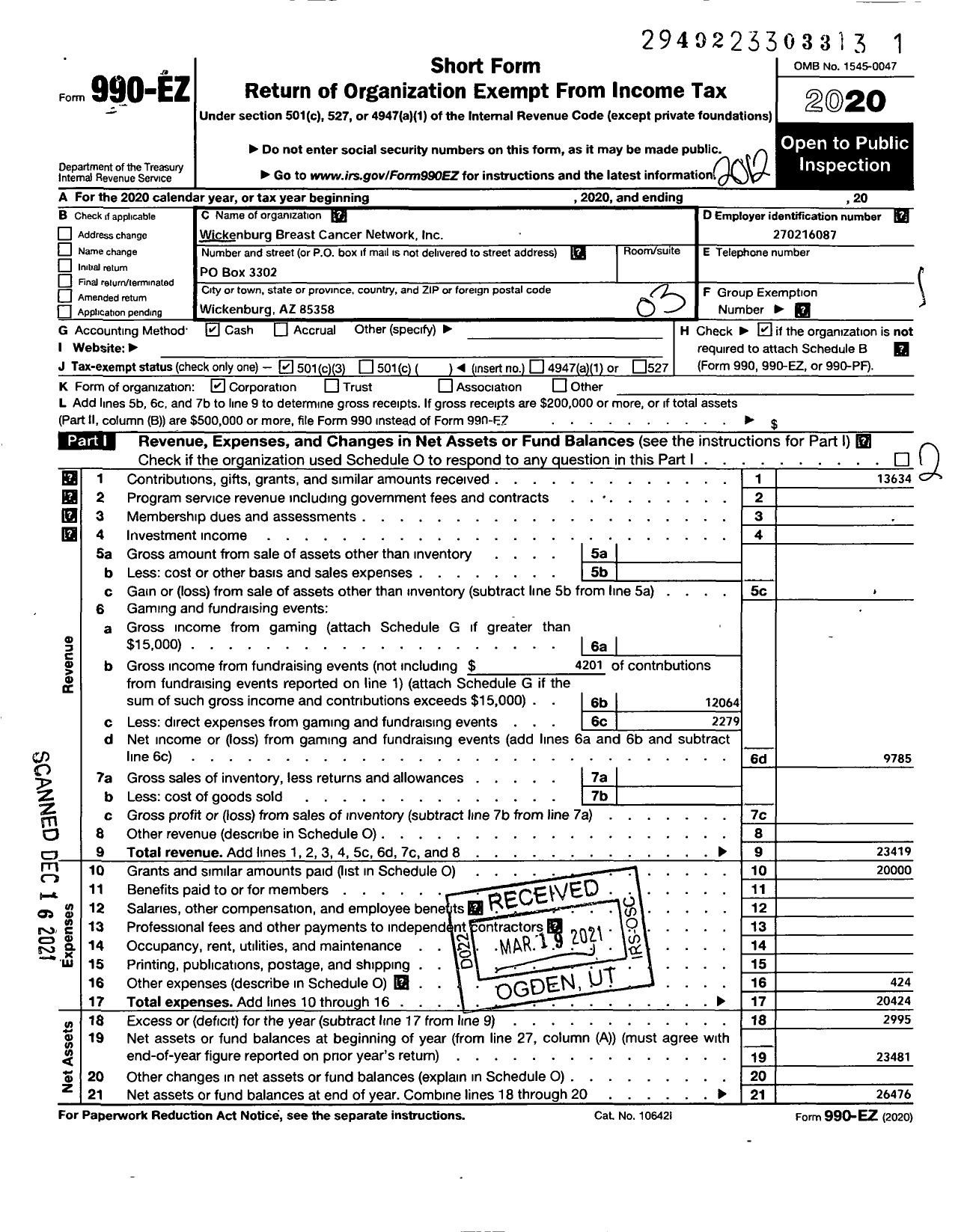 Image of first page of 2020 Form 990EZ for Wickenburg Breast Cancer Network