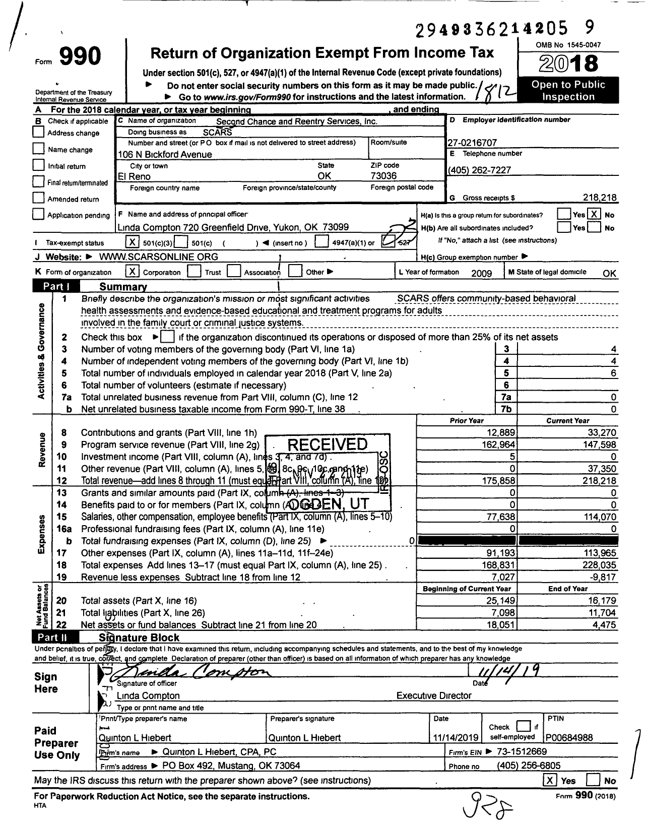 Image of first page of 2018 Form 990 for Second Chance and Reentry Services (SCARS)