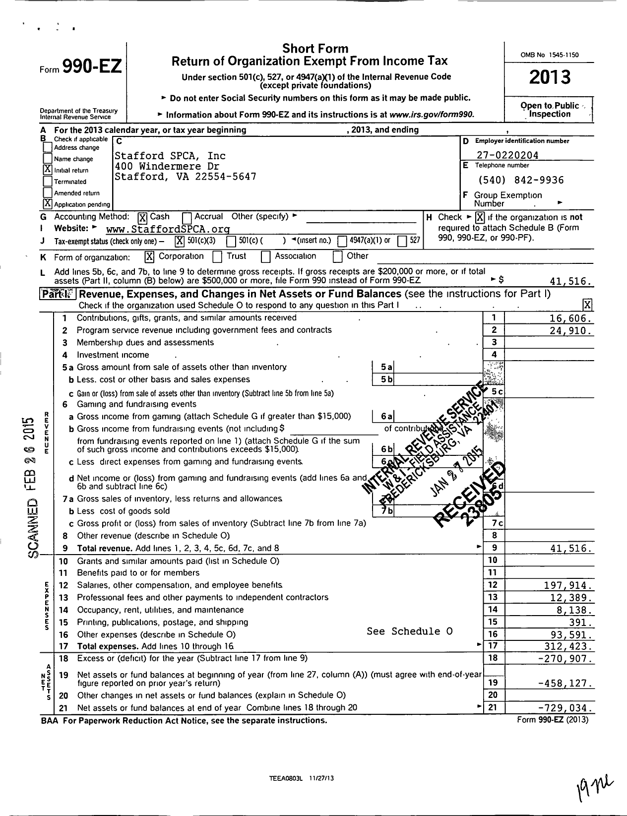 Image of first page of 2013 Form 990EZ for Stafford SPCA
