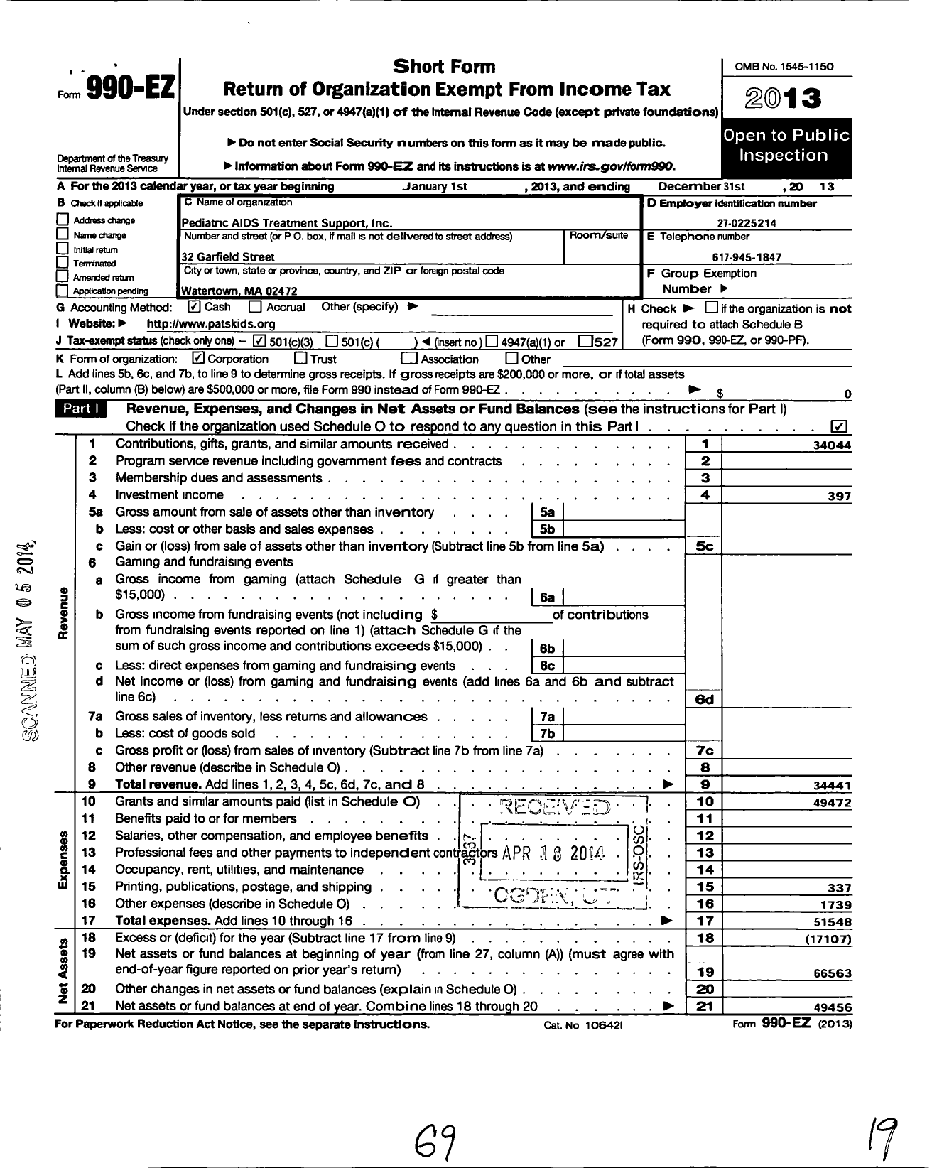 Image of first page of 2013 Form 990EZ for Pediatric Aids Treatment Support (PATS)