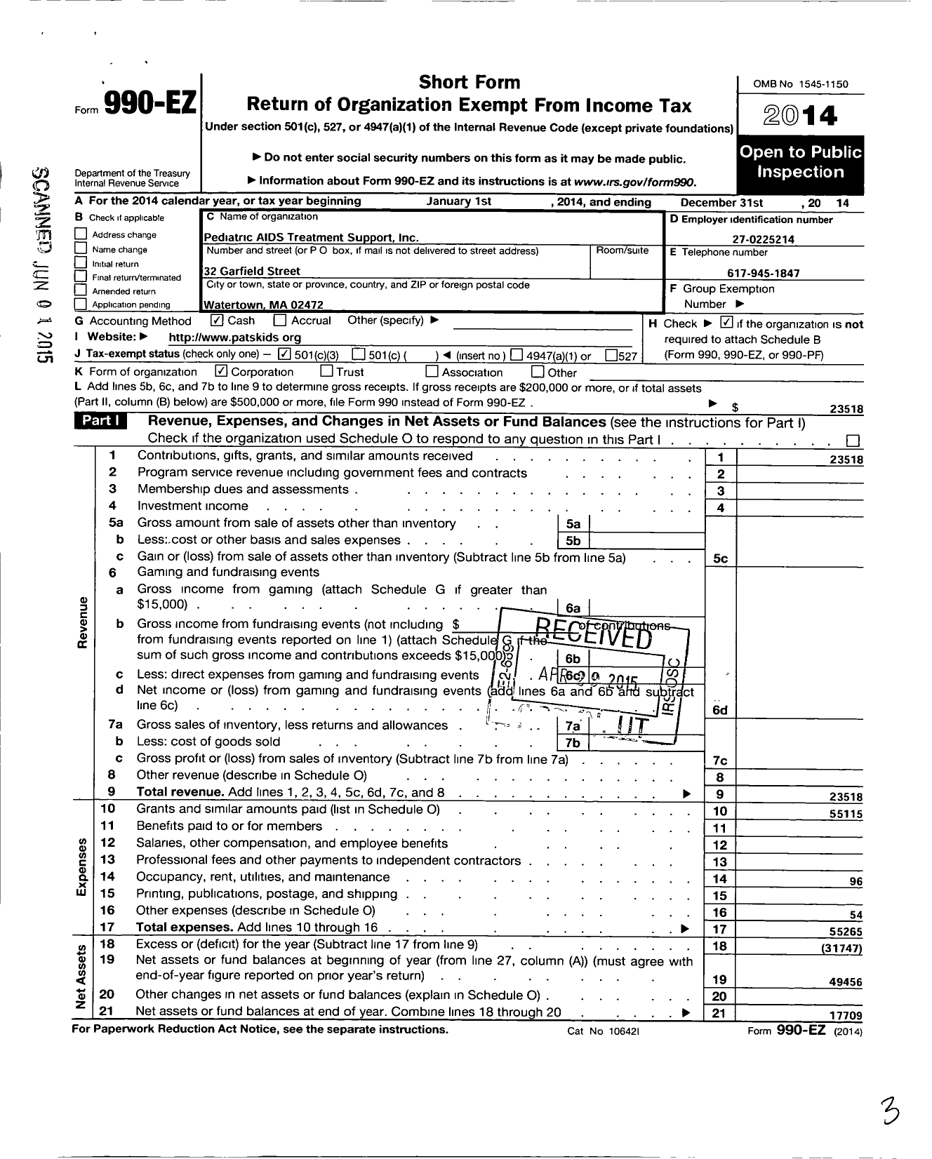 Image of first page of 2014 Form 990EZ for Pediatric Aids Treatment Support (PATS)