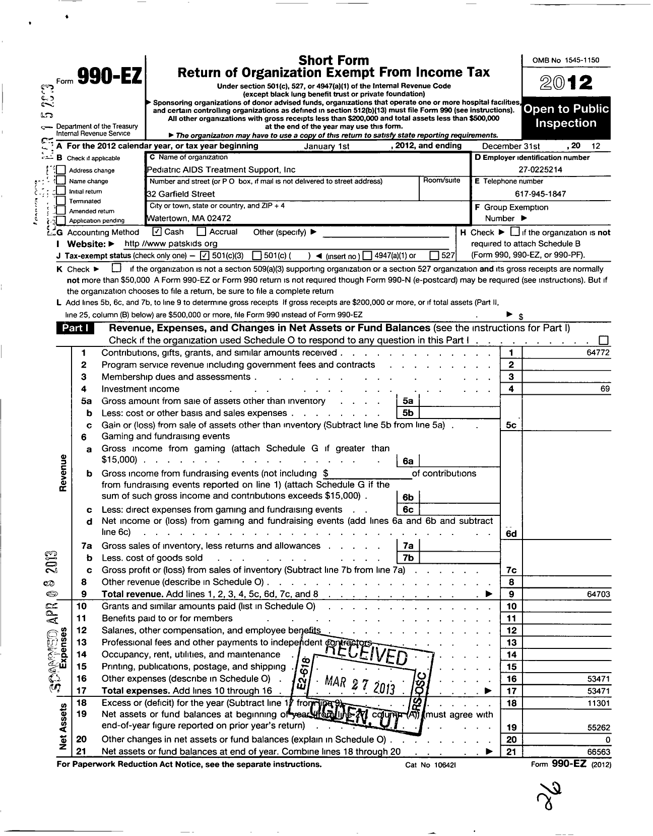 Image of first page of 2012 Form 990EZ for Pediatric Aids Treatment Support (PATS)