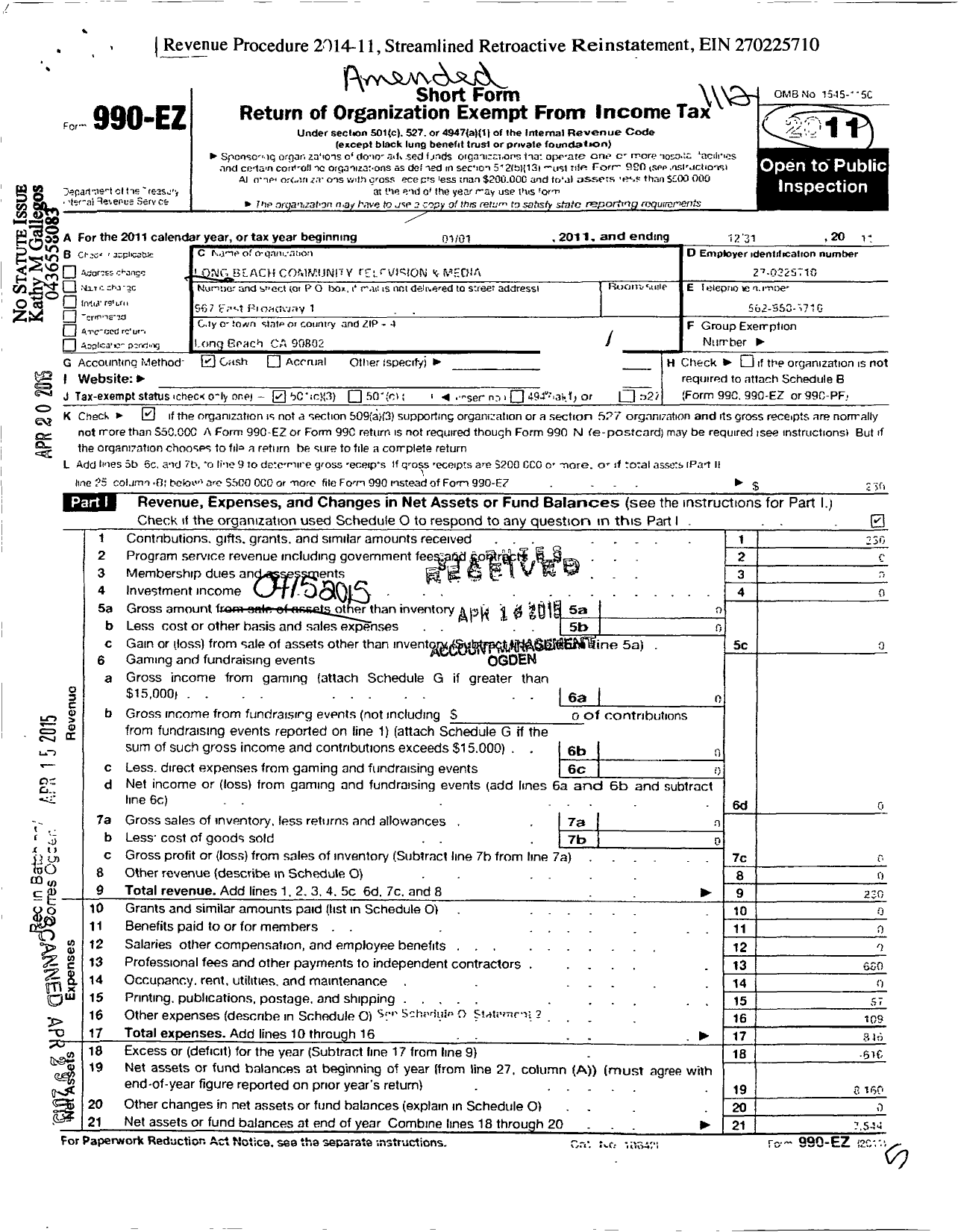 Image of first page of 2011 Form 990EZ for Long Beach Community Television and Media