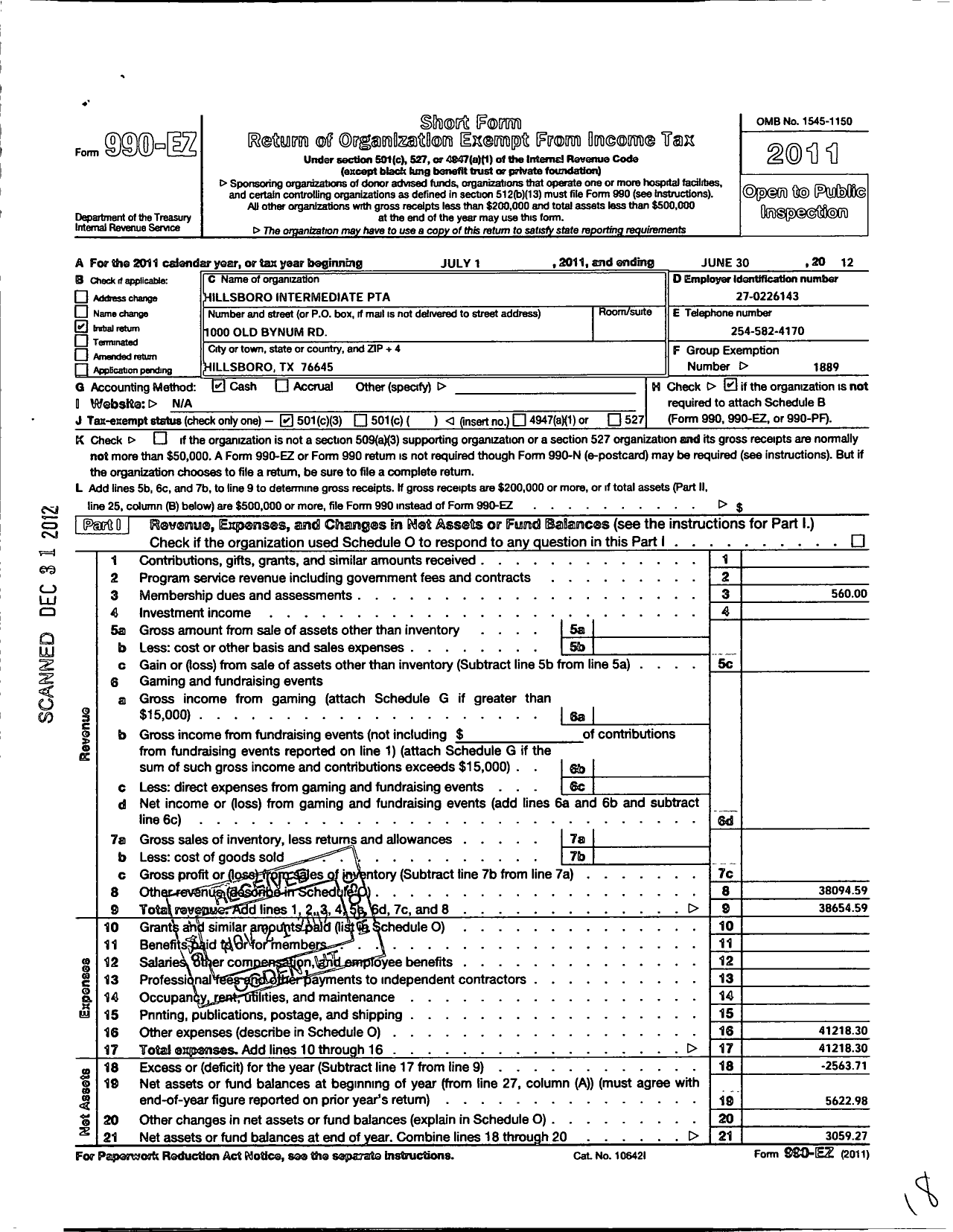 Image of first page of 2011 Form 990EZ for Texas PTA - Hillsboro Intermediate PTA