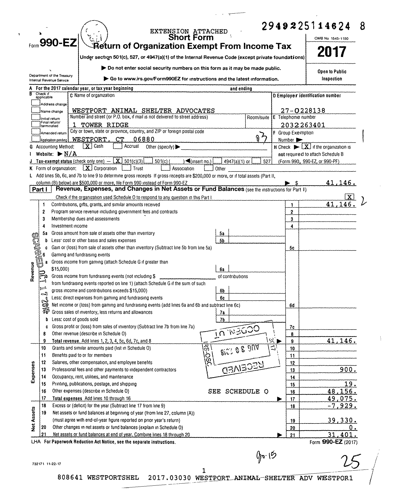 Image of first page of 2017 Form 990EZ for Westport Animal Shelter Advocates