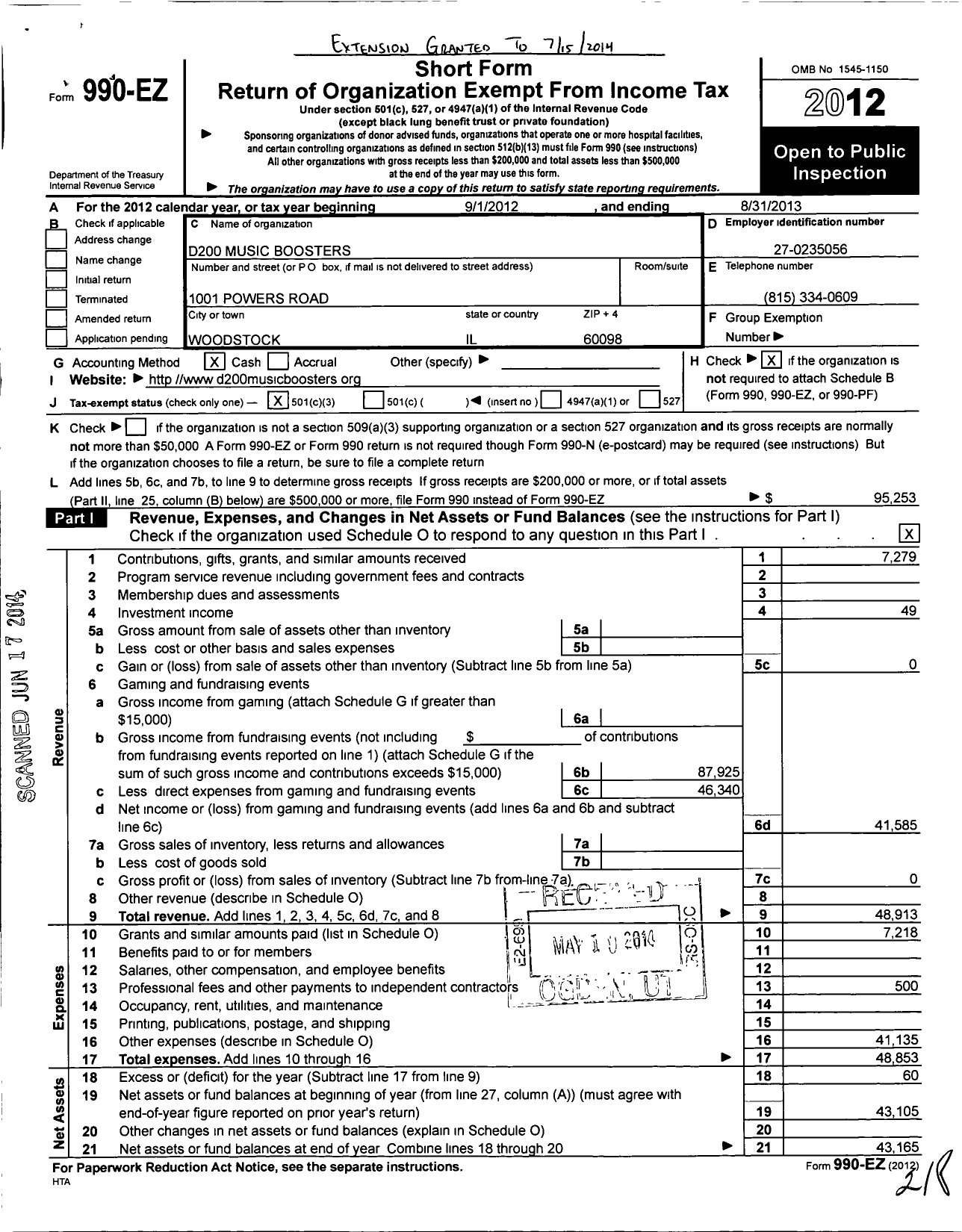 Image of first page of 2012 Form 990EZ for D200 Music Boosters