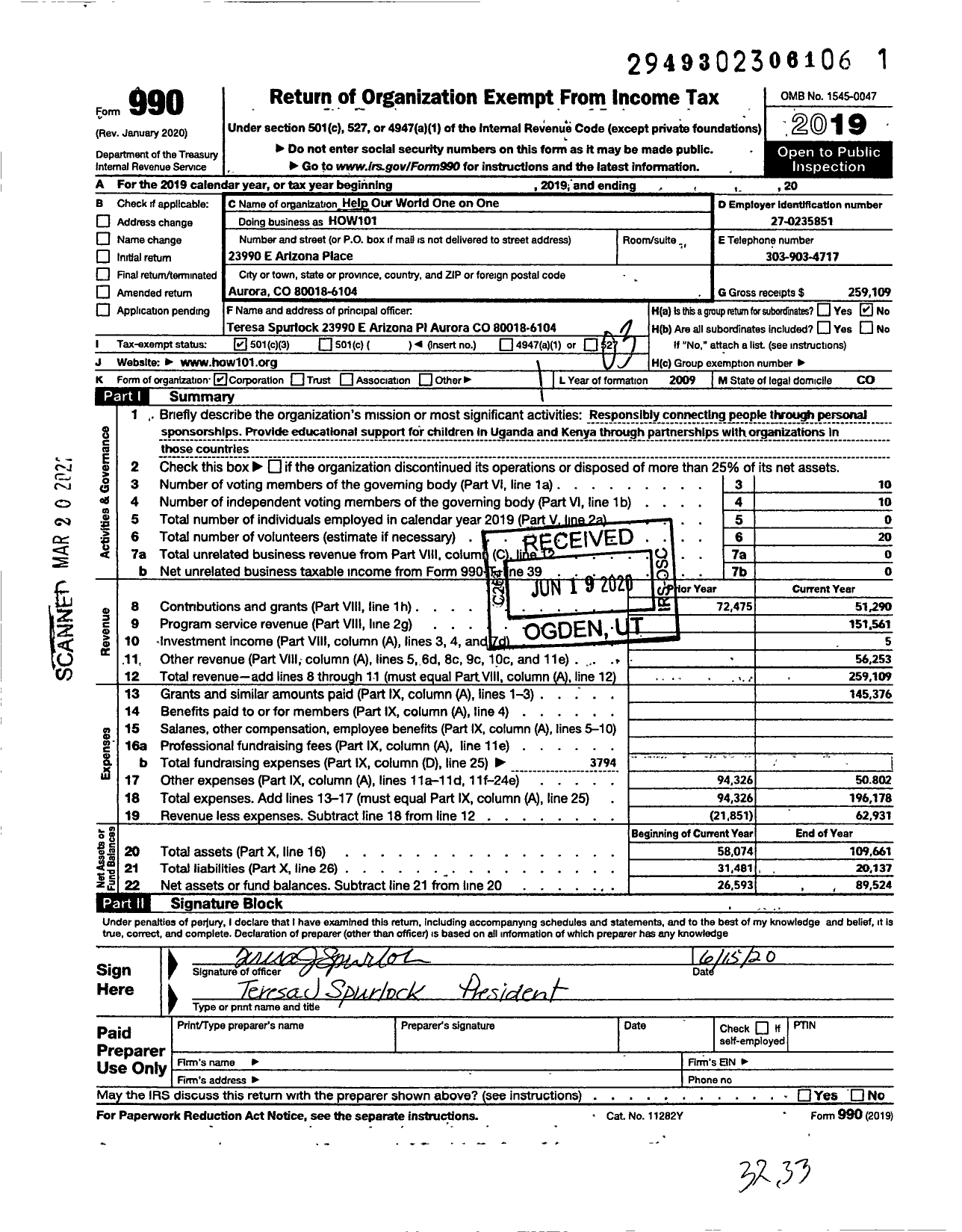 Image of first page of 2019 Form 990 for How101