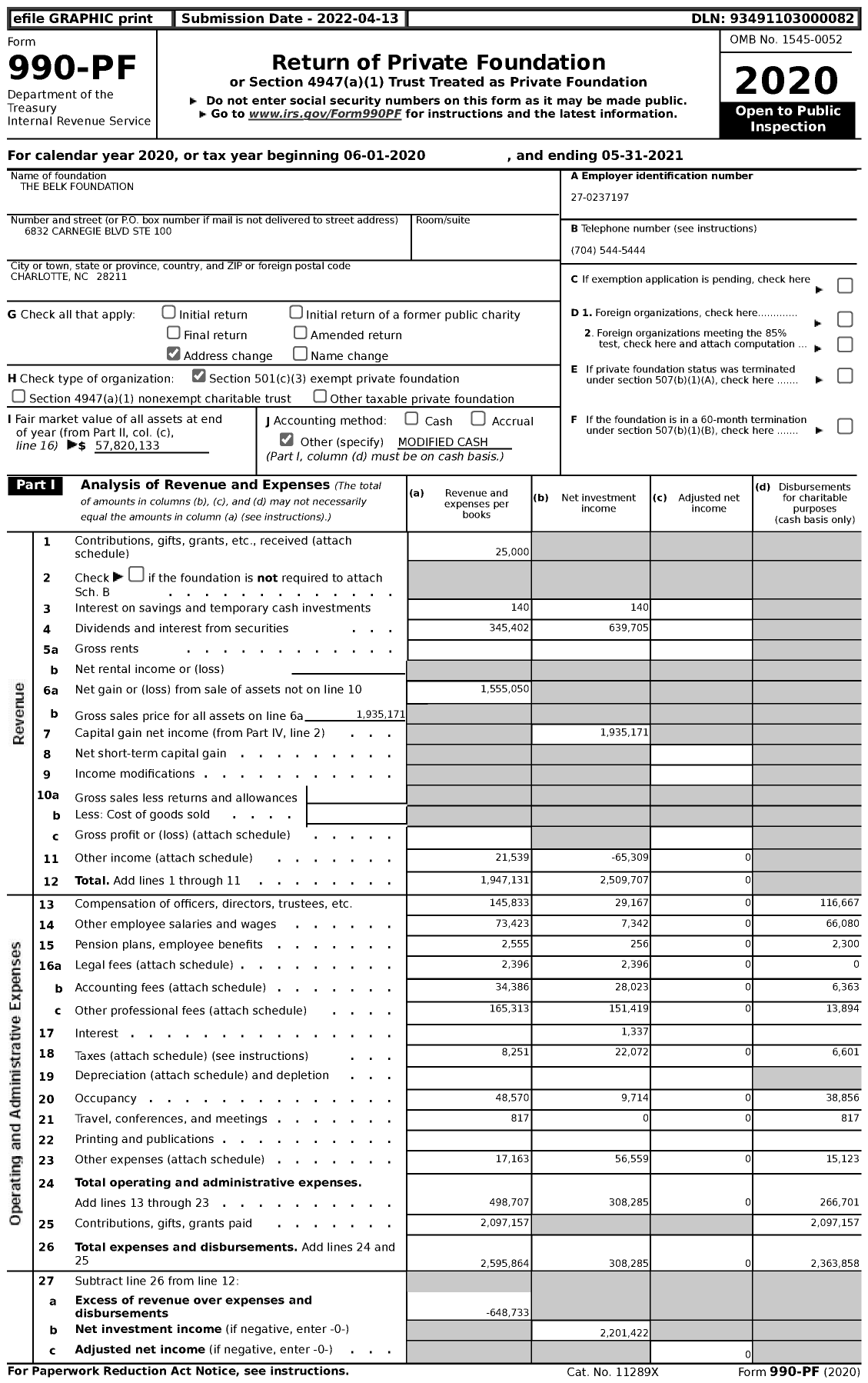 Image of first page of 2020 Form 990PF for Belk Foundation