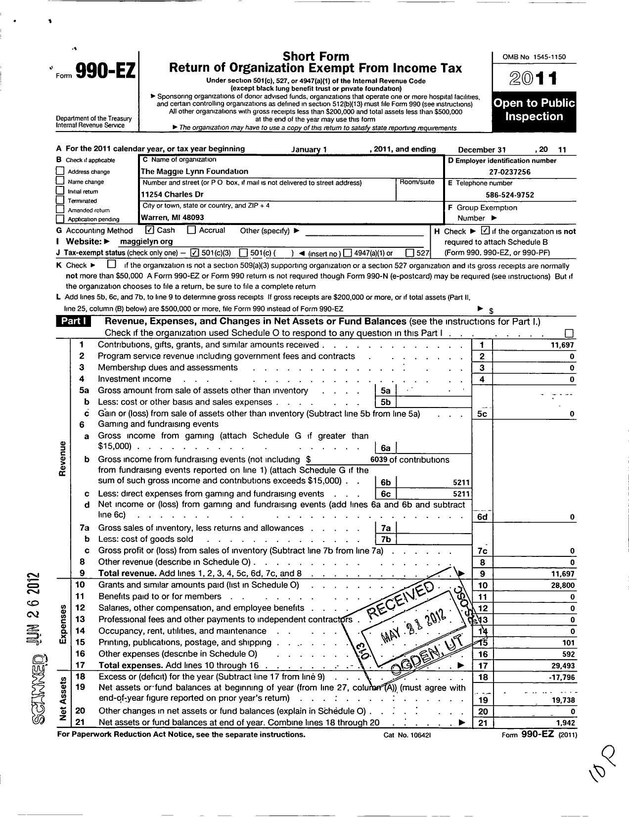 Image of first page of 2011 Form 990EZ for Maggie Lynn Foundation