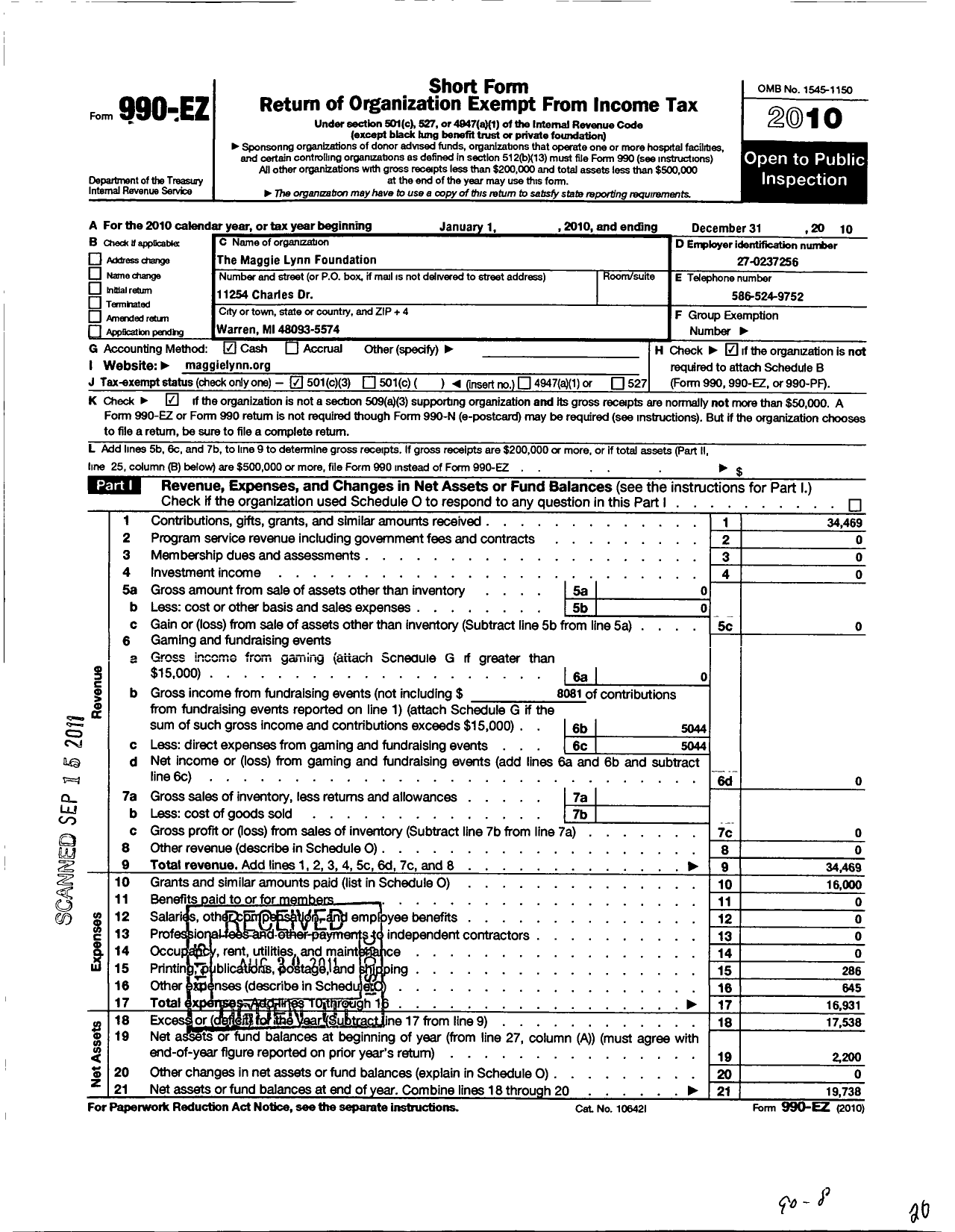 Image of first page of 2010 Form 990EZ for Maggie Lynn Foundation