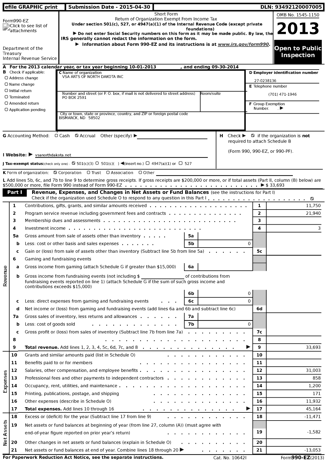 Image of first page of 2013 Form 990EZ for Vsa Arts of North Dakota