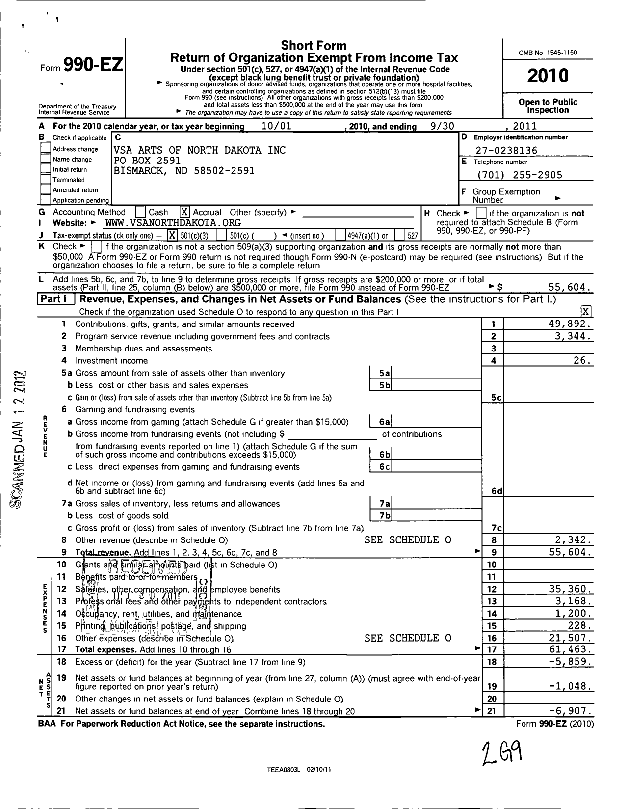 Image of first page of 2010 Form 990EZ for Vsa Arts of North Dakota