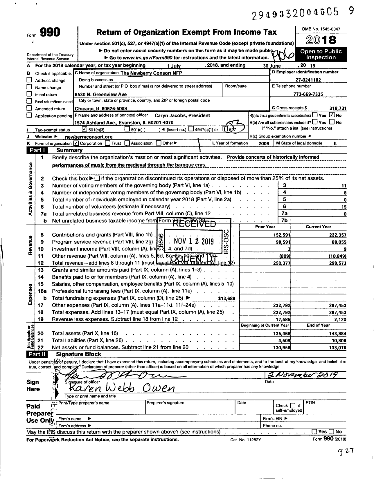 Image of first page of 2018 Form 990 for Newberry Consort NFP