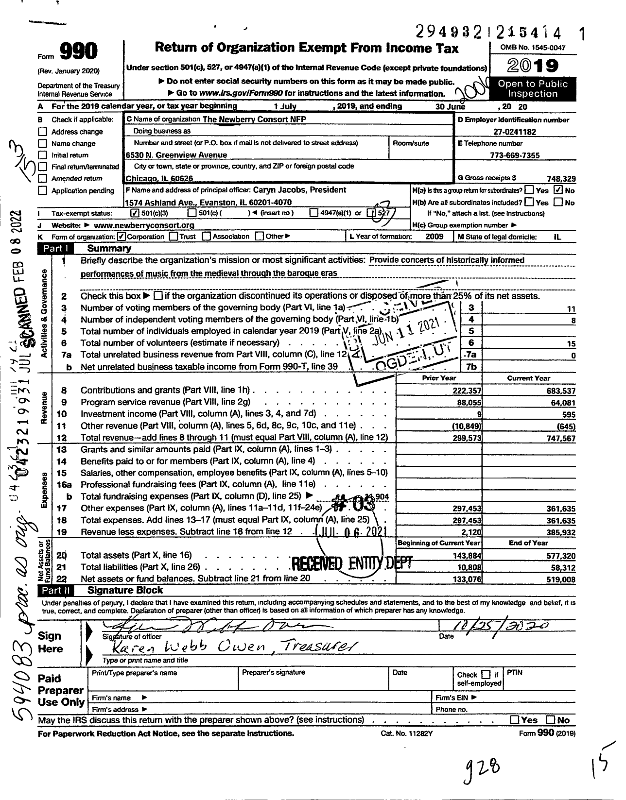 Image of first page of 2019 Form 990 for Newberry Consort NFP